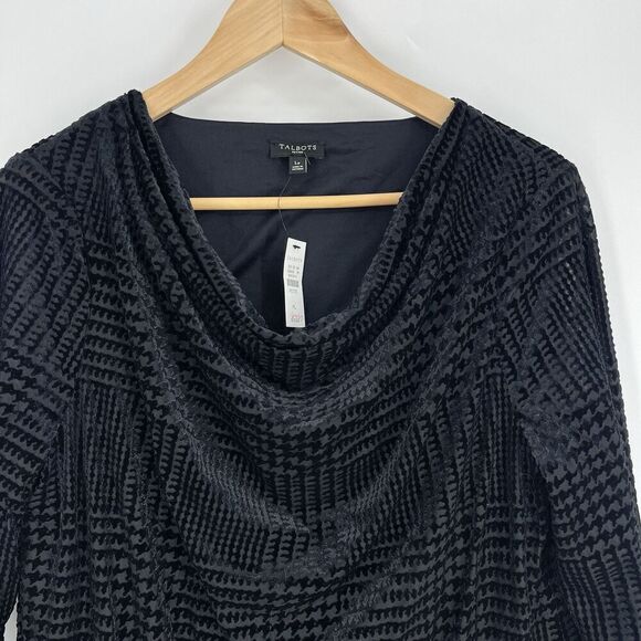 Talbots Top Size Large Petite Black Velvet Houndstooth Burnout Cowl Neck Elegant - Picture 2 of 7